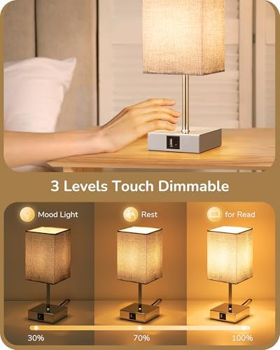 EDISHINE Bedside Lamps Set of 2, 3 Way Dimmable Table Lamps with USB A+C Charging Ports, LED Bulb Included, Touch Lamps for Bedroom, Living Room, GrayLinen Lampshade, 2700K