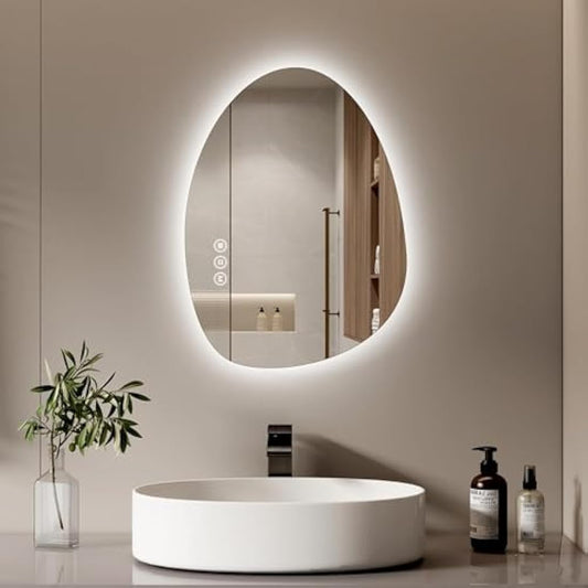 S'AFIELINA Bathroom Mirror with LED Lights 60 x 45 cm Asymmetrical LED Bathroom Mirror with Smart Touch Switch, 3 Colors Dimmable Light, Anti-Fog, Memory Function Wall Mounted Vanity Mirror