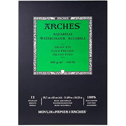 ARCHES Watercolour Pad, 300 GSM, Cold Pressed, A3 (29.7 x 42 cm), Wood, White, 29.7 x 42 x 1 cm