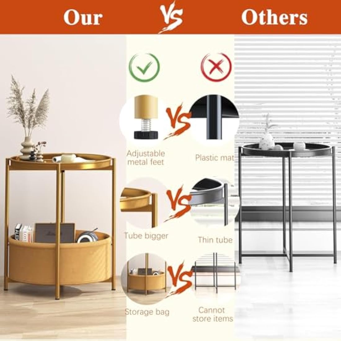 Huhote Side Table, Round End Table with Fabric Basket, Small Bedside Table, Nightstand Sofa Table for Living Room, Bedroom, Bathroom, Balcony, Modern Style (Gold)