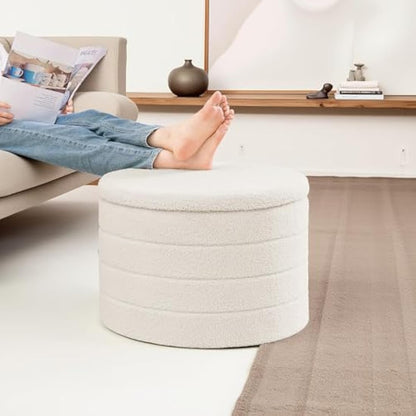 Bonlife Large Round Ottoman with Storage,Folding Boucle Stool,Ottoman Coffee Table,Chest Toy Box,Footstool for Living Room,Bedroom,White,56x56x40cm