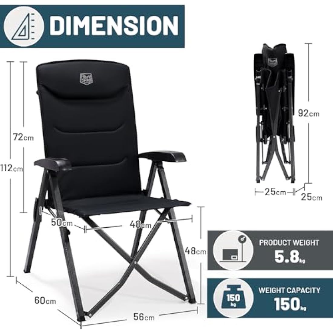 TIMBER RIDGE Folding Camping Chairs 2 Set for Adults Adjustable Heavy Duty Outdoor Chair 4-Position, High Back Oversized Garden Chair Recliner Luxury for Dining Beach Picnic, Support 150kg, Black