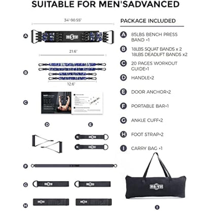 INNSTAR Portable Home Gym Set with Workout Bar, Bench Press Set, Squat Resistance Band, Door Anchor and More-Full Body Workout Equipment to Build Muscle and Shape Body