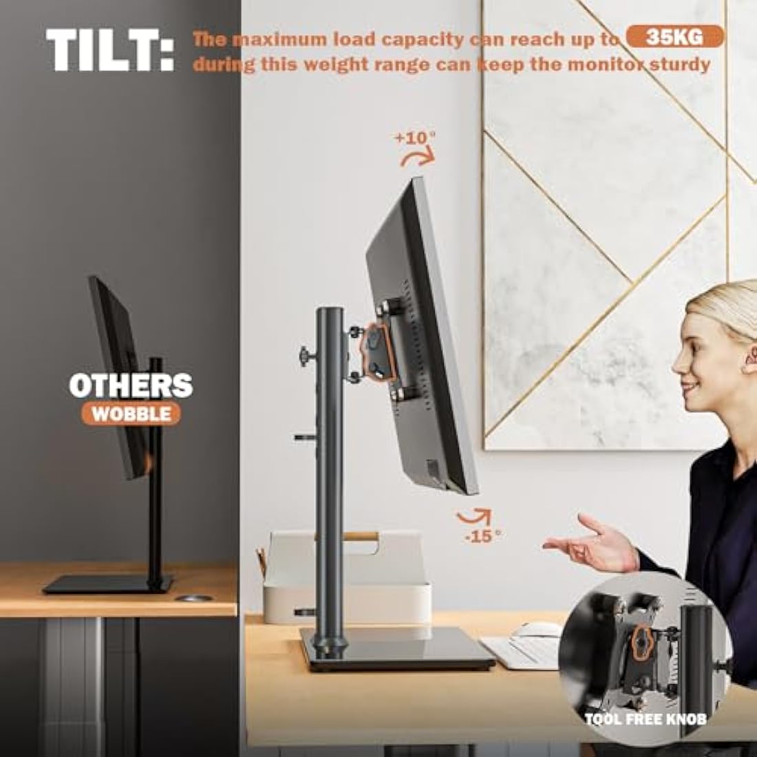 Single LCD Computer Monitor Free-Standing Desk Stand Riser for 13 inch to 32 inch Screen with Swivel, Height Adjustable, Rotation, Holds One (1) Screen up to 35kgs