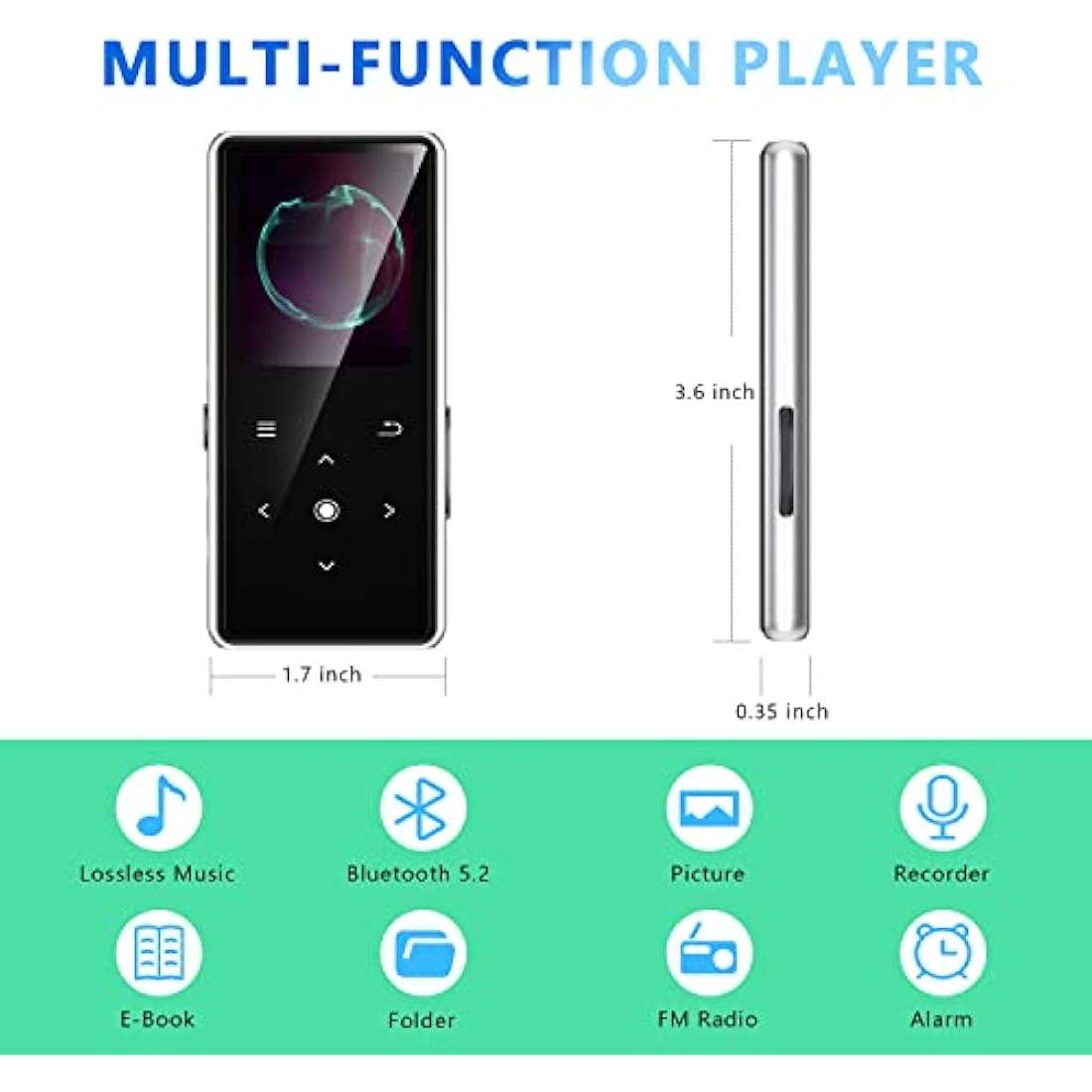64GB MP3 Player with Bluetooth 5.2, AiMoonsa Music Player with Built-in HD Speaker, FM Radio, Voice Recorder, HiFi Sound, E-Book Function, Earphones Included