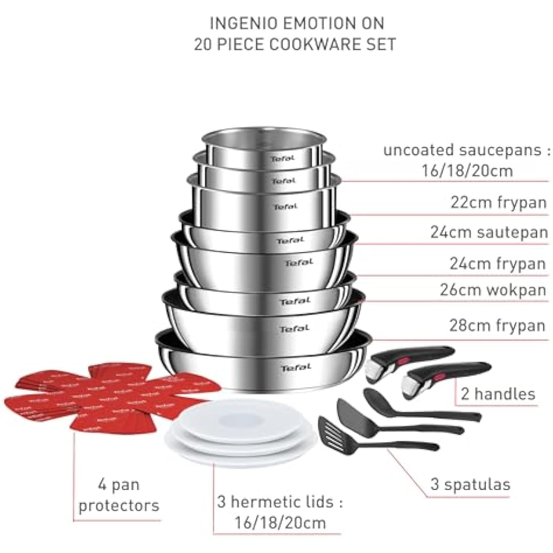 Tefal Ingenio Detachable Handle Pan 20pcs, Stainless Steel, Compact, Compatible with All hobs Induction & Oven, 2-in-1 Pans and bakeware Set, Stackable cookware Set Ideal for Small Kitchen storages