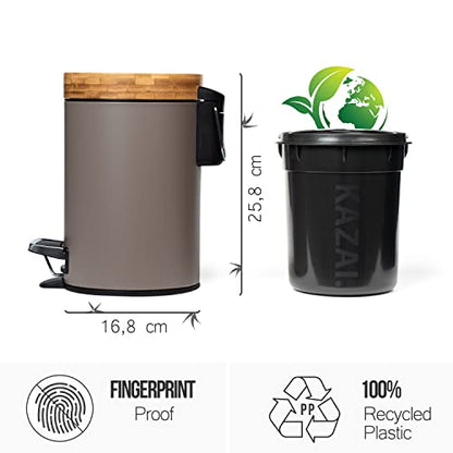 Kazai. 3L Designer Bathroom Bin | Superior Bamboo | Soft Closing | Anti-Finger | Taupe (Dark)