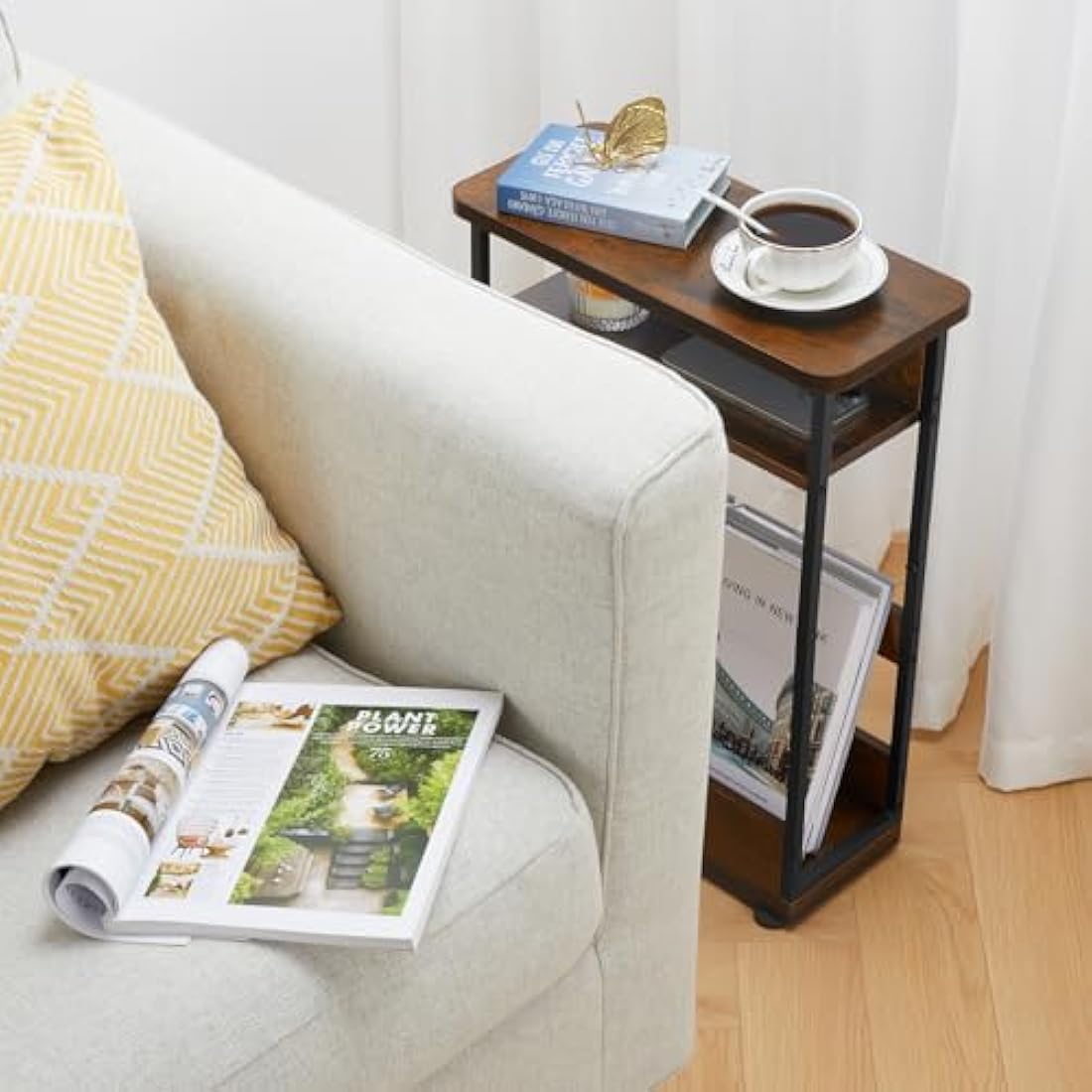 YEAKOO Narrow Side Table for Narrow and Small Spaces, Skinny Bedside Table Small Nightstand with Magazine Rack Space Saving (Rustic Brown, M)