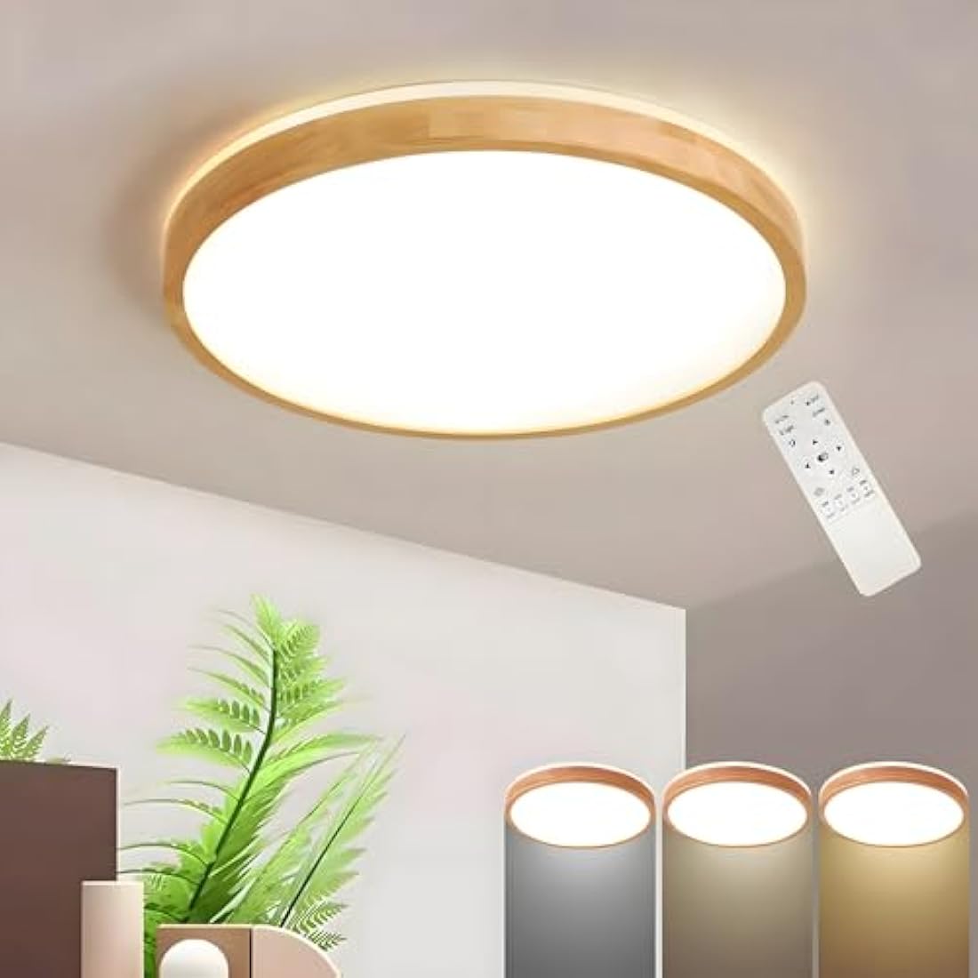WayLuoung Wood LED Ceiling Light | Ø50cm 3000-6000K 36W | Round Top 360° Glow Natural Wooden Lamp, Bedroom Living Room Children's Room Kitchen Dining Room Home Office (Dimmable with Remote Control)