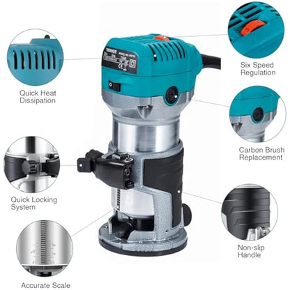 Anesty Palm Router Trimmer, Woodworking Hand Router with Trimmer Base, Handheld Wood Compact Trim Router Power Routers Tool with 15pcs 6.35mm Router Bit Set