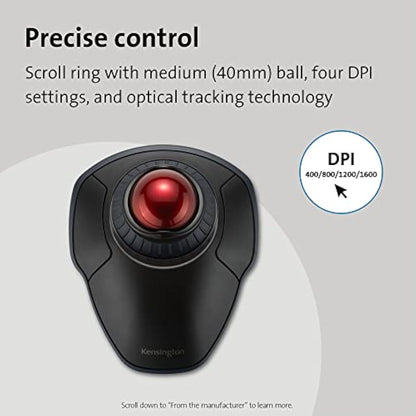 Kensington Orbit Wireless Trackball with Scroll Ring, Professional Computer Mouse with Bluetooth, (2.4GHz Wireless), Optical Tracking & AES Encryption Security, Left or Right Handed - Black (K70992WW)