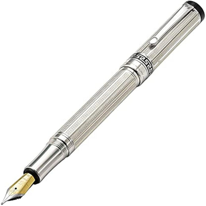 Xezo Tribune 925 Sterling Silver Medium Nib Fountain Pen. Platinum Plated. Hand Guilloche Engraved and Serialized
