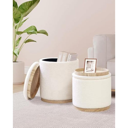 Bonlife Round White Ottoman with Storage Set of 2,Makeup Vanity Stool Chair,Ottoman Coffee Table for Living Room,Bedroom,Dining Room,39x39x44cm