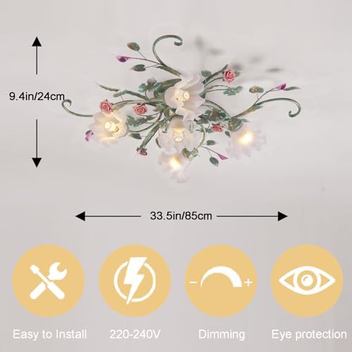 meibeileil Country Villa Ceiling Lights,Chandelier with Glass Lampshade and Pink Ceramic Roses,Vintage Flower Design Light Fittings Ceilings for Living Room Bedroom Restaurant Hallway