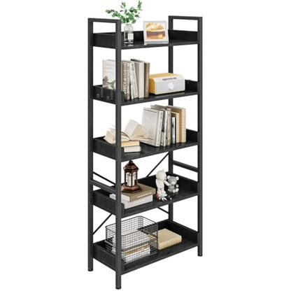 YITAHOME Bookcase 5 Tiers, Floor Standing Book Shelf, Wooden Shelves and Stable Steel Frame Shelving Units with 4 Hooks Industrial Storage for Living Room, Home Office, Black Bookcases