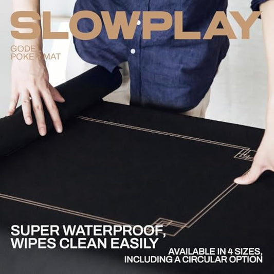 SLOWPLAY Godel 120cm Round Poker Mat for Texas Hold'em | Poker Table Top with Extra Water Repellency, Hemmed Edges, Noise Reduction | Super Portable for Gaming Everywhere (Black and Champagne Gold)