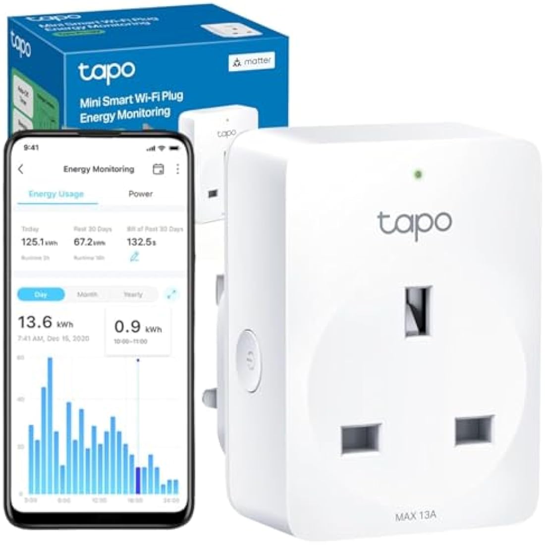 Tapo Mini Wi-Fi Smart Plug, Matter Certified Energy Monitoring, Voice Remote Control, Works with Alexa, Schedule & Timer, Simulated Home Presence, Alexa Plug (Tapo P110MA)