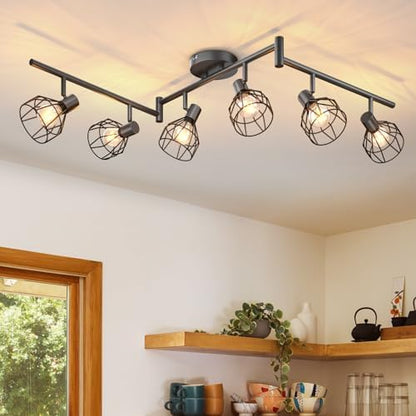 Dehobo Spot Light Fittings for Ceilings Adjustable Metal Wire Cage Kitchen Spotlight with E14 Base Black 6 Way Ceiling Light Industrial for Bedroom Bar Hallway Living Room No Bulb