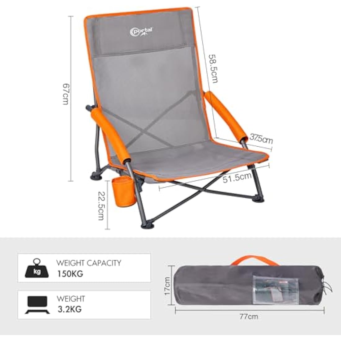 Portal Folding Beach Chairs Low Lightweight Portable for Adults Foldable Beach Seat Camping Festival Picnic Deck Chair Outdoor Collapsible with Cupholder Mesh Back Padded Armrests Supports 150KG