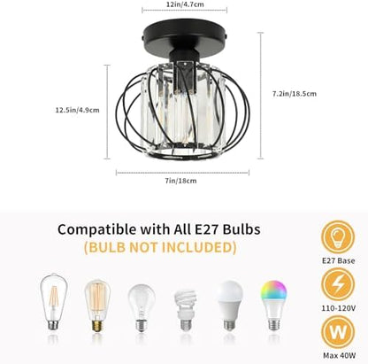 FORCOSO Ceiling Light 2-Pack, Black Light Shade Crystal Light Fitting, Semi Flush Chandelier Metal Lampshade, E27 Round Lighting Fixture for Living Room Hallway Kitchen Dining Room Bedroom Lounge