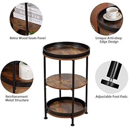 YEAKOO Industrial Nordic End Table, 3-Tier Round Side Table with Storage Shelf Edge Protection Tray, Sturdy Metal Frame Coffee Table Bedside Table for Living Room Bedroom Small Spaces/Rustic Brown