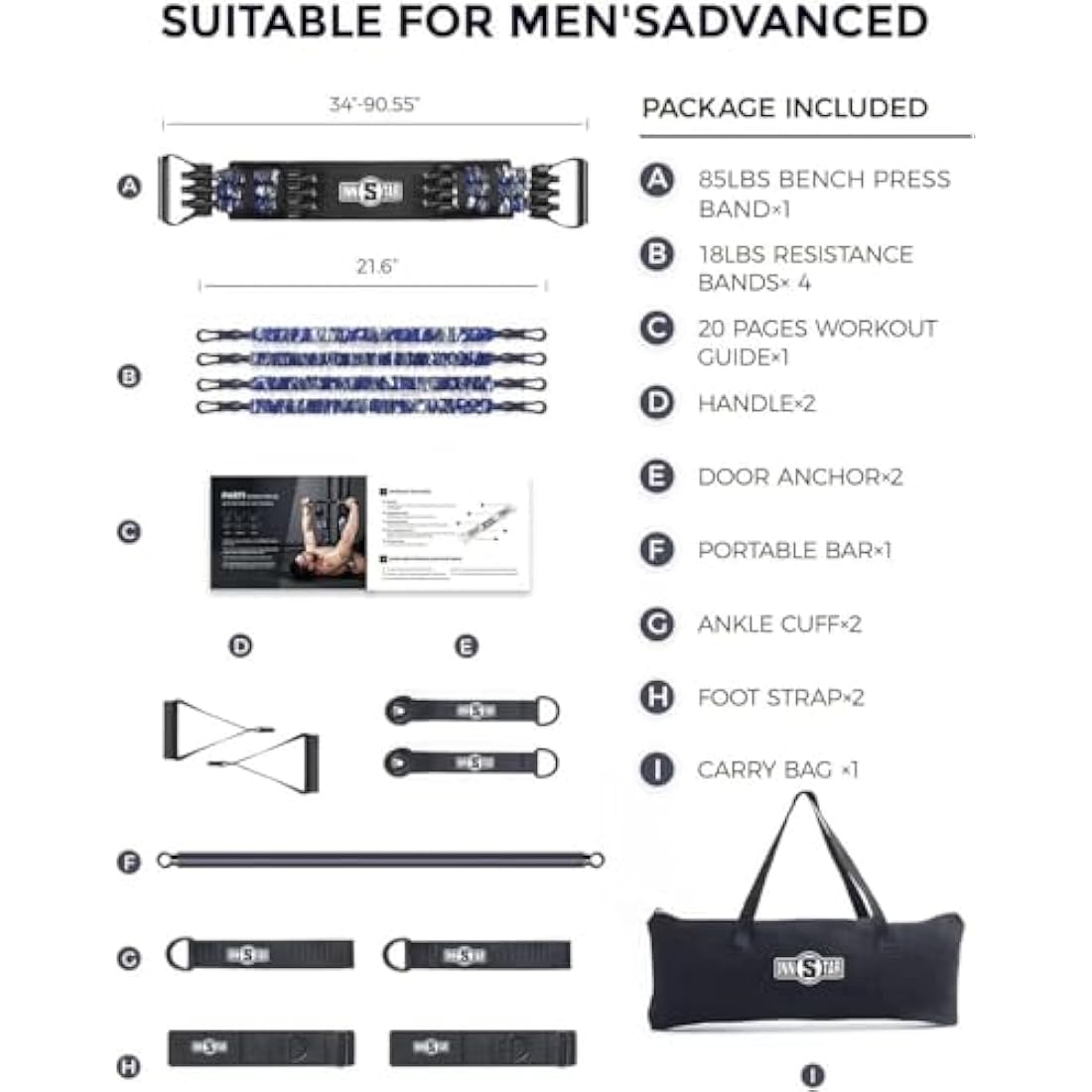 INNSTAR Portable Home Gym Set with Workout Bar, Bench Press Set, Squat Resistance Band, Door Anchor and More-Full Body Workout Equipment to Build Muscle and Shape Body