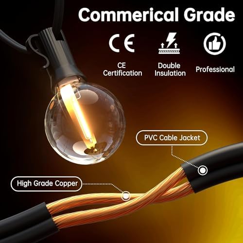 Svater String Lights Outdoor 100FT/30M Garden Lights String Lights Mains Powered Connectable 52 1W LED Shatterproof Plastic G40 Bulbs Waterproof IP45 for Garden Yard Terrace 2700K Warm White