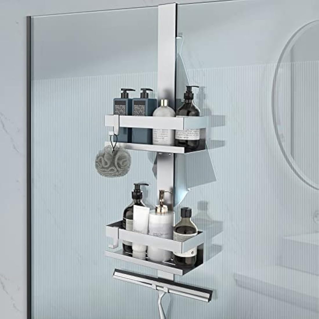UUlioyer Hanging Shower Caddy, SUS304 Stainless Steel Over Door Shower Shelf, Bathroom Storage No Drilling (Style A - Silver)