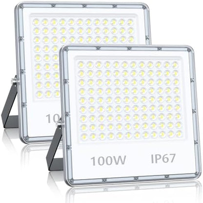 YIQIBRO LED Security Lighting Floodlight 100W - 10000LM IP67 Waterproof Outdoor Flood Lights Mains Powered, 7000K Cold White Outside Lights Mains Powered for Garden, Patio, Yard(2 Pack)