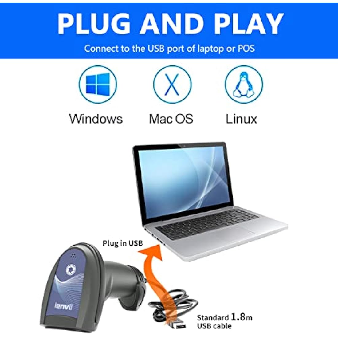 LENVII Handheld 2D Barcode Scanner QR Code Scanner 1D Bar Code Scanner USB Barcode Reader Barcode Scanners for Shop,Store,Supermarket, Warehouse