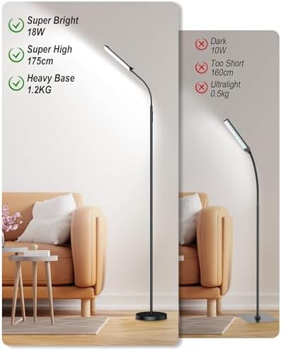 LED Floor Lamp 18W, Dimmable Modern Standing Light with 4 Color Temperature, Remote & Touch Control, 360° Adjustable Gooseneck, 1Hour Timer, Reading Floor Lamp For Living Room Bedroom Office（Black）