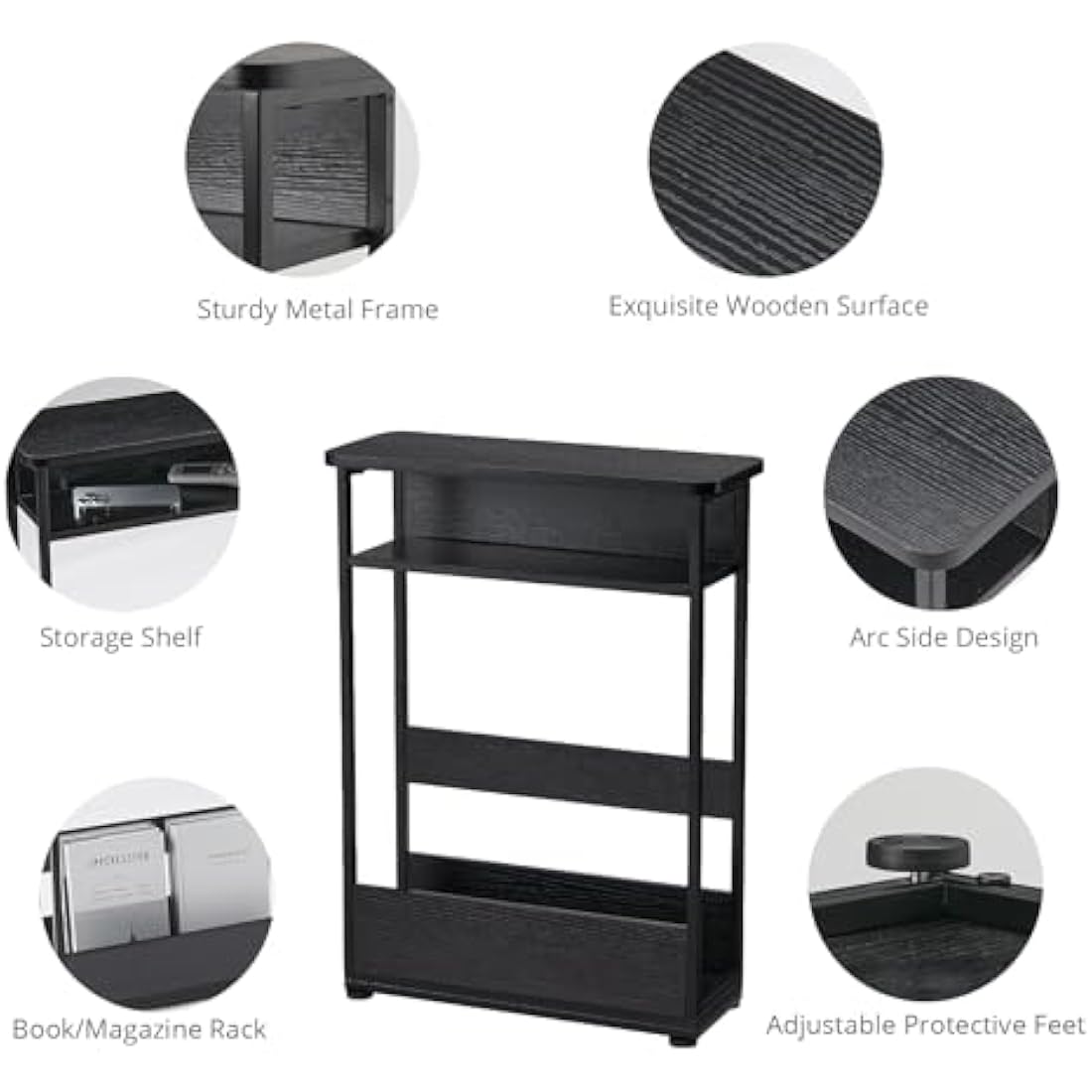 YEAKOO Narrow Side Table for Narrow and Small Spaces, Skinny Bedside Table Small Nightstand with Magazine Rack Space Saving (Black, M)