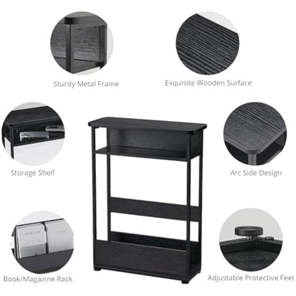 YEAKOO Narrow Side Table for Narrow and Small Spaces, Skinny Bedside Table Small Nightstand with Magazine Rack Space Saving (Black, M)
