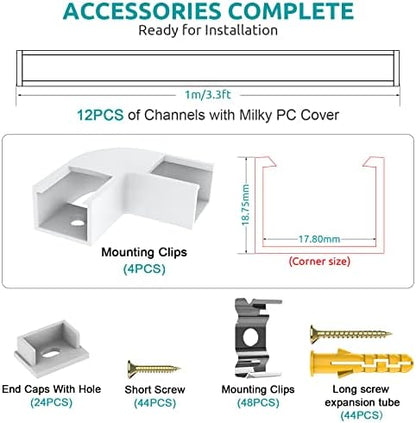 12 Pack Led Aluminum Profile for Philips Hue Led Strip Lights etc,1m/3.3ft U-Shape Led Aluminum Channel, Led Diffuser with Milky White Cover Indoor, End Caps and Metal Mounting Clips (12Meter)