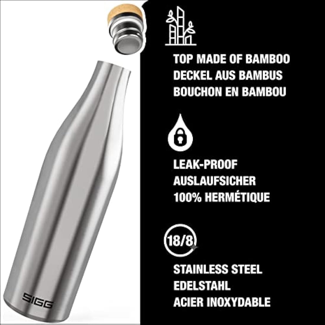 SIGG - Insulated Water Bottle - Meridian - Leakproof - Extra Slim - BPA Free - Plastic Free - Double Walled 18/8 Stainless Steel - Bamboo Screw Top - Brushed - 0.7 L