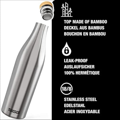 SIGG - Insulated Water Bottle - Meridian - Leakproof - Extra Slim - BPA Free - Plastic Free - Double Walled 18/8 Stainless Steel - Bamboo Screw Top - Brushed - 0.7 L