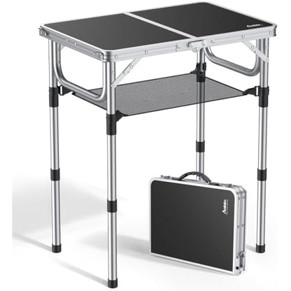 Anbte Folding Camping Table with Storage Net, 3 Adjustable Heights Aluminum Picnic Table, 2ft Portable Table Waterproof Lightweight, for Outdoor Indoor Garden Beach Backyard, 60cm x 40cm, black