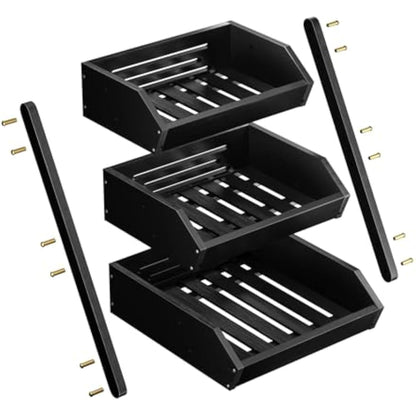 CALM COZY Bamboo Fruit Basket, 3-Tier Fruit Rack Holder Organiser for Countertop, Decorative Fruit Bowl Vegetables Bread Storage Stand for Kitchen, Black