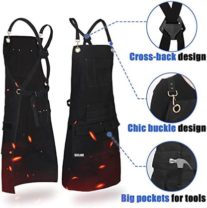 QeeLink Work Apron with 10 Tool Pockets, Woodworking Fireproof Canvas Apron for Carpenter, Adjustable M to XXXL Cross back Tools Apron, Black