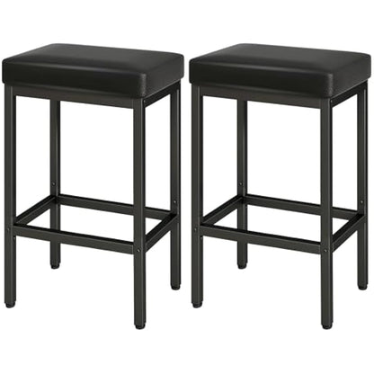 YMYNY Bar Stools, 66 cm Bar Stools Set of 2, Black Breakfast Bar Stools, PU Leather Barstools, Bar Stool Chair with 6 cm Thick Cushion and Metal Base for Kitchen Counter, Island Counter, Pub, HBS513B