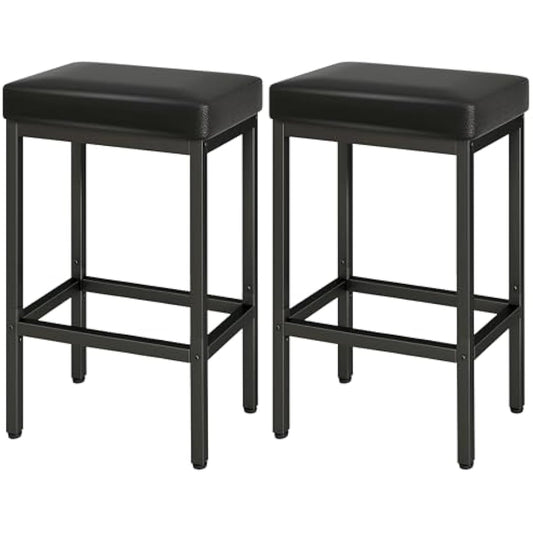 YMYNY Bar Stools, 66 cm Bar Stools Set of 2, Black Breakfast Bar Stools, PU Leather Barstools, Bar Stool Chair with 6 cm Thick Cushion and Metal Base for Kitchen Counter, Island Counter, Pub, HBS513B