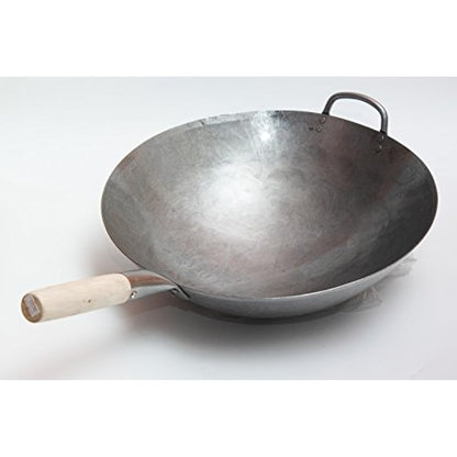 Craft Wok Big 16 Inch Heavy Hand Hammered Carbon Steel Pow Wok with Wooden and Steel Helper Handle (Round Bottom) / 731W138