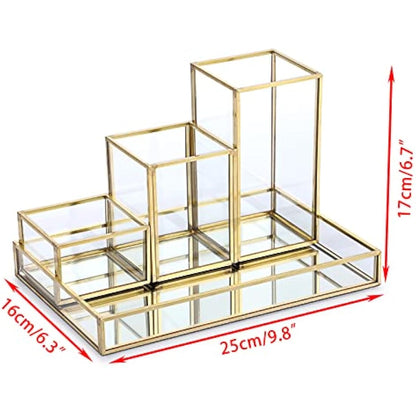 Tolida Gold Glass Combined Cosmetic Box with Stackable Makup Brush Holer and Jewelry Tray, Cosmetic Brush Eyeliner Display, Pen Pencil Holder with Mirrored Vanity Tray for Dresser Bathroom Bedroom