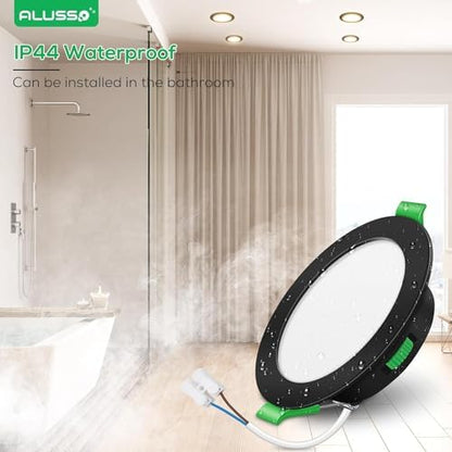 ALUSSO LED Recessed Ceiling Lights, 7W 480LM LED Downlights Dimmable, 30MM Ultra Slim Round Black Spotlights, Warm White/Neutral White/Cool White Adjustable, IP44 Waterproof for Bathroom, 12 Pack