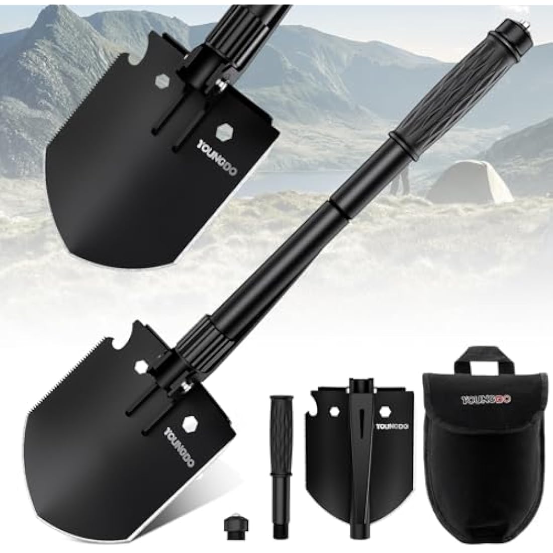 YOUNGDO Folding Shovel, 10 Functions, Multifunctional Folding Shovel, Easy to Carry, Rustproof Spade Made Alloy Steel, Removable Shovel for Survival, Snow Shovel, Garden, Camping