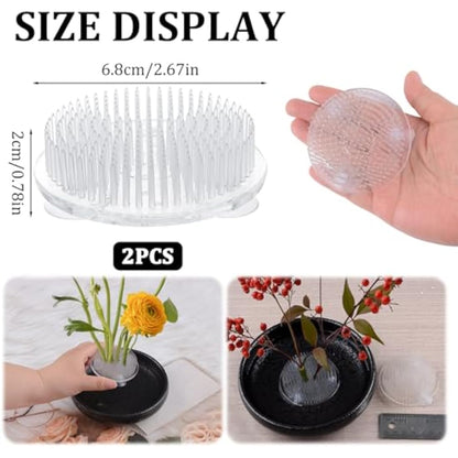 WANDIC Flower Frog, 2 Pcs Round Clear Plastic Ikebana Kenzan Frog Japanese Holder with 3 Suckers for DIY Craft