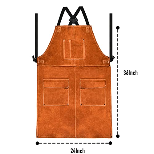 Leather Welding Work Apron - Heat Resistant & Flame Resistant Bib Apron, Flame Retardant Heavy Duty BBQ Apron, Adjustable One Size Fit Most Brown-24"x