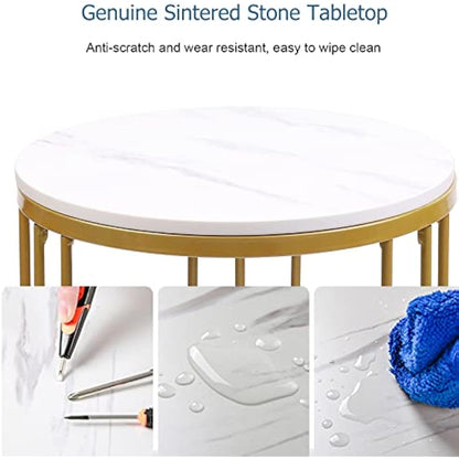 Marble Top Side Table Gold: Small Circle End Tables 40 x 54cm Sintered Stone Bedside with Metal Golden Legs Modern White Nightstand 2 Tier Round Sofa Coffee Table for Bedroom Living Room Furniture