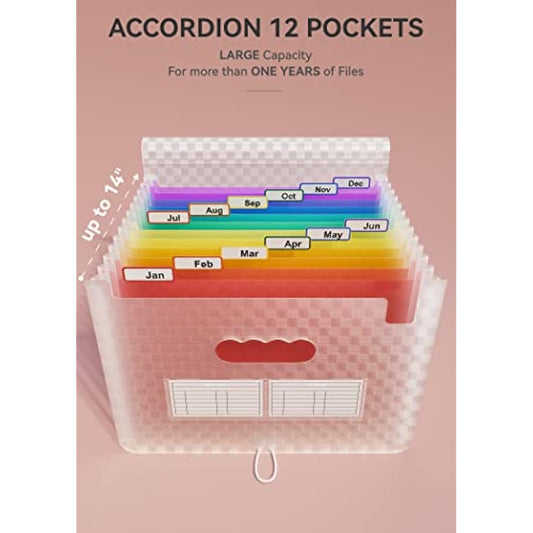 ABC life A4 Expanding File Organiser with Grid Pattern,13 Pockets Expandable Filling Boxes Documents Organiser,Accordion A4 Desk Folders,Portable Rainbow Files Wallets Plastic Bills Storage Bag(Pink)