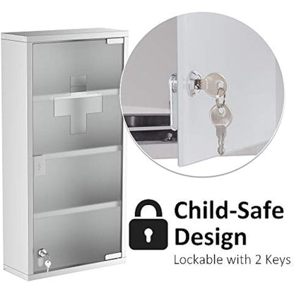HOMCOM 4 Tier Stainless Steel Wall Mounted Medicine Cabinet Glass Lockable Door Storage Shelves Houseware Bathroom Furniture 60Hx30Wx12D(cm) w/2 Keys